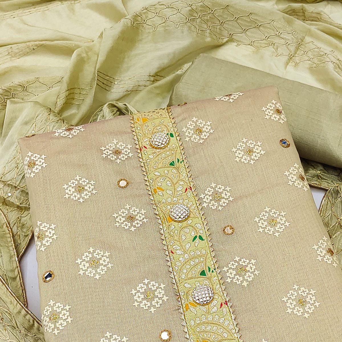 Green Embroidered With Mirror Work Chanderi Dress Material