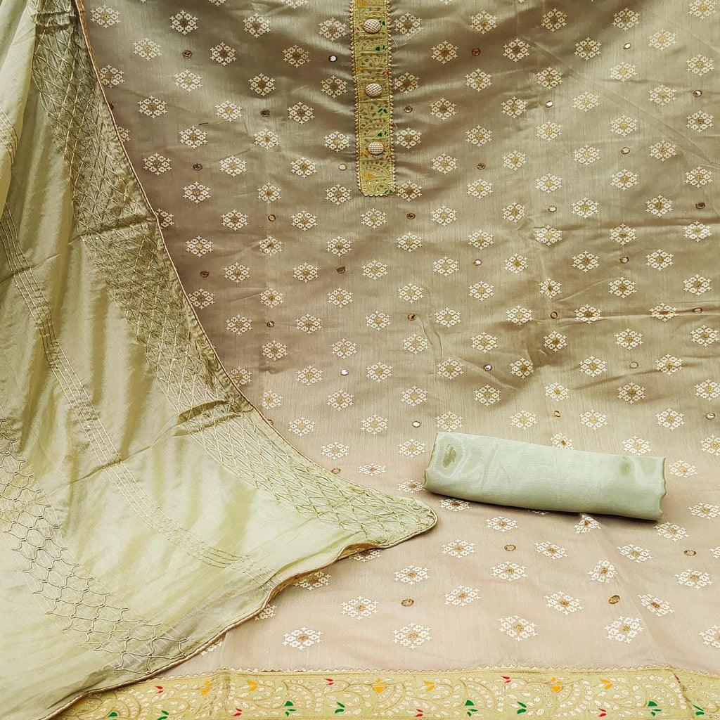 Green Embroidered With Mirror Work Chanderi Dress Material