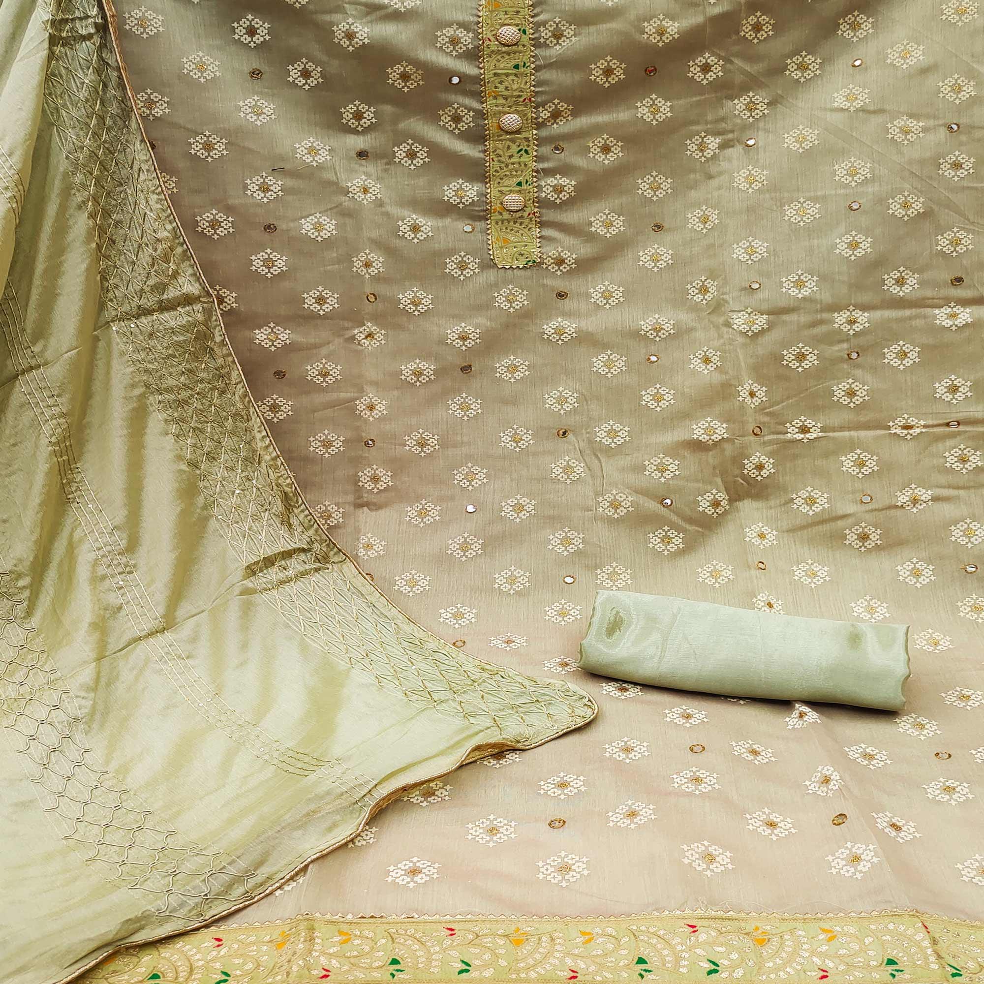 Green Embroidered With Mirror Work Chanderi Dress Material