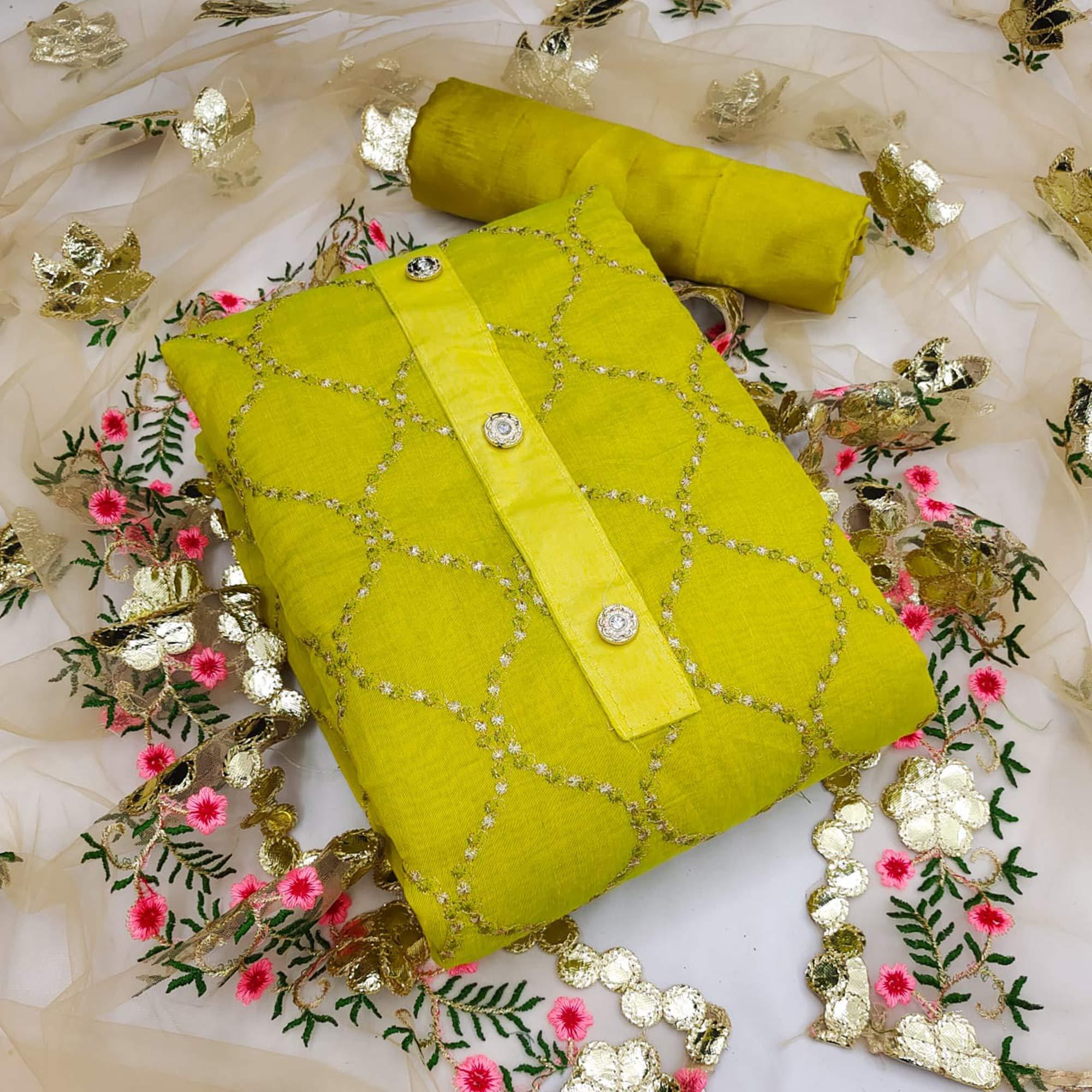 Green Festive Wear Embroidered Chanderi Dress Material