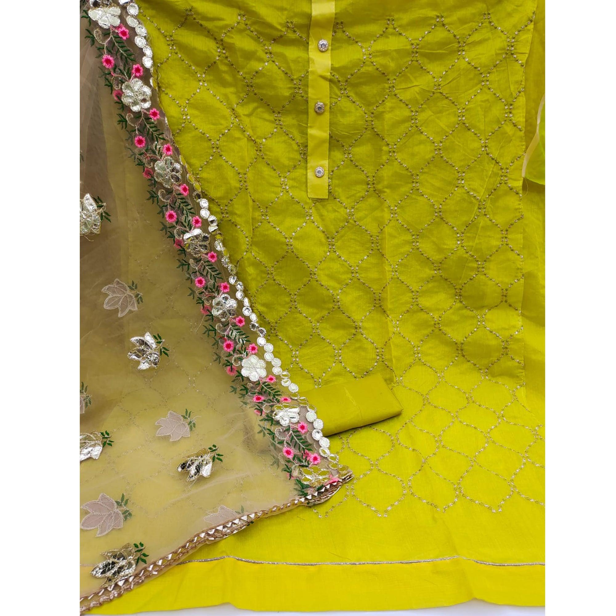 Green Festive Wear Embroidered Chanderi Dress Material