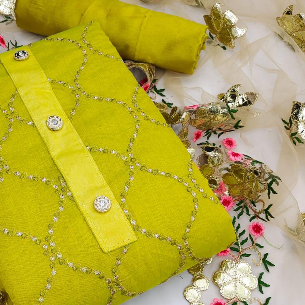Green Festive Wear Embroidered Chanderi Dress Material