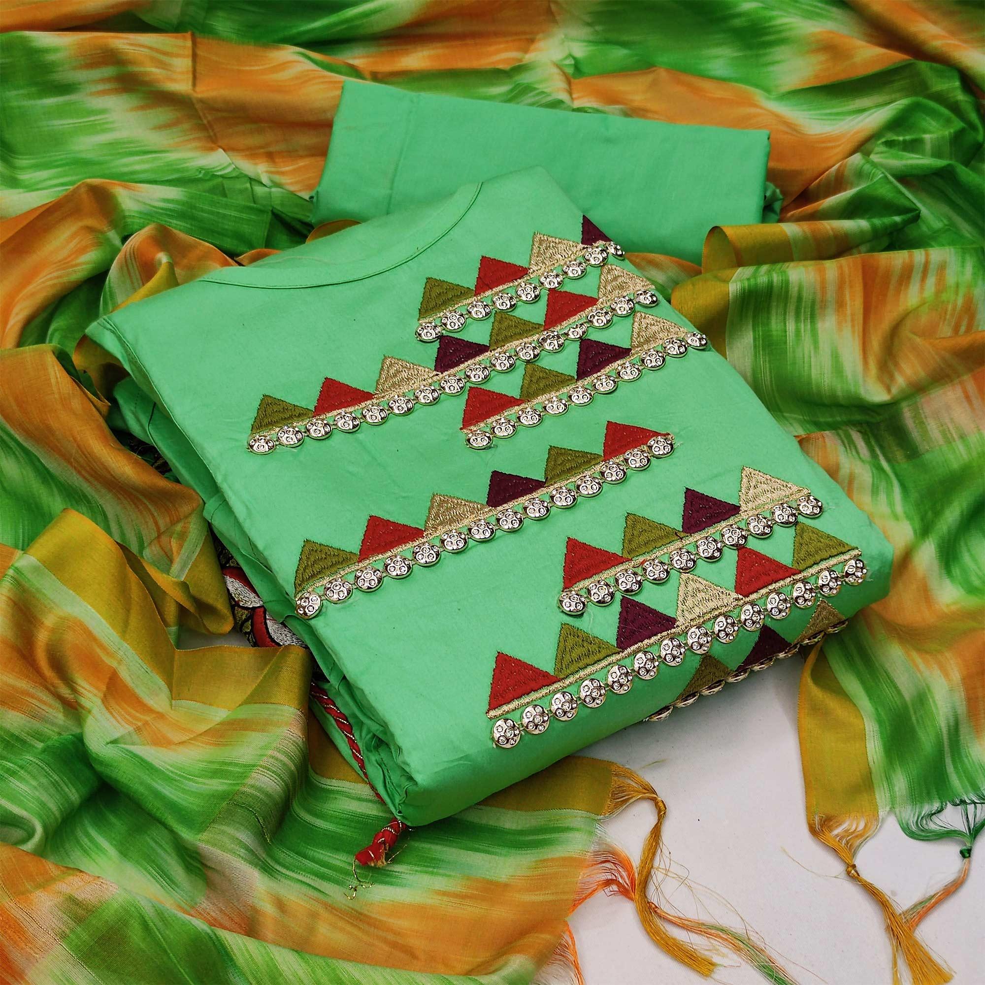 Green Festive Wear Embroidered Cotton Dress Material