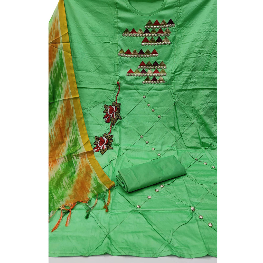Green Festive Wear Embroidered Cotton Dress Material