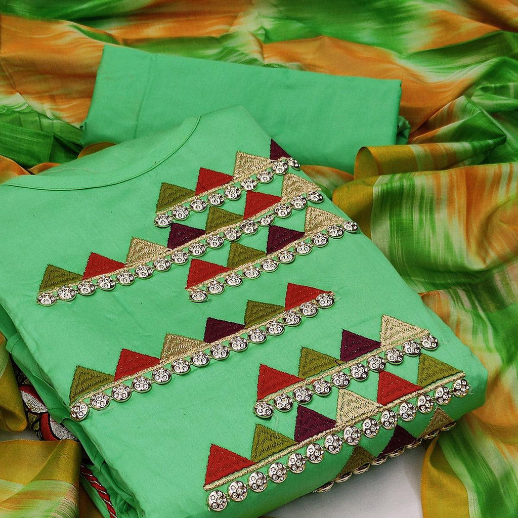 Green Festive Wear Embroidered Cotton Dress Material