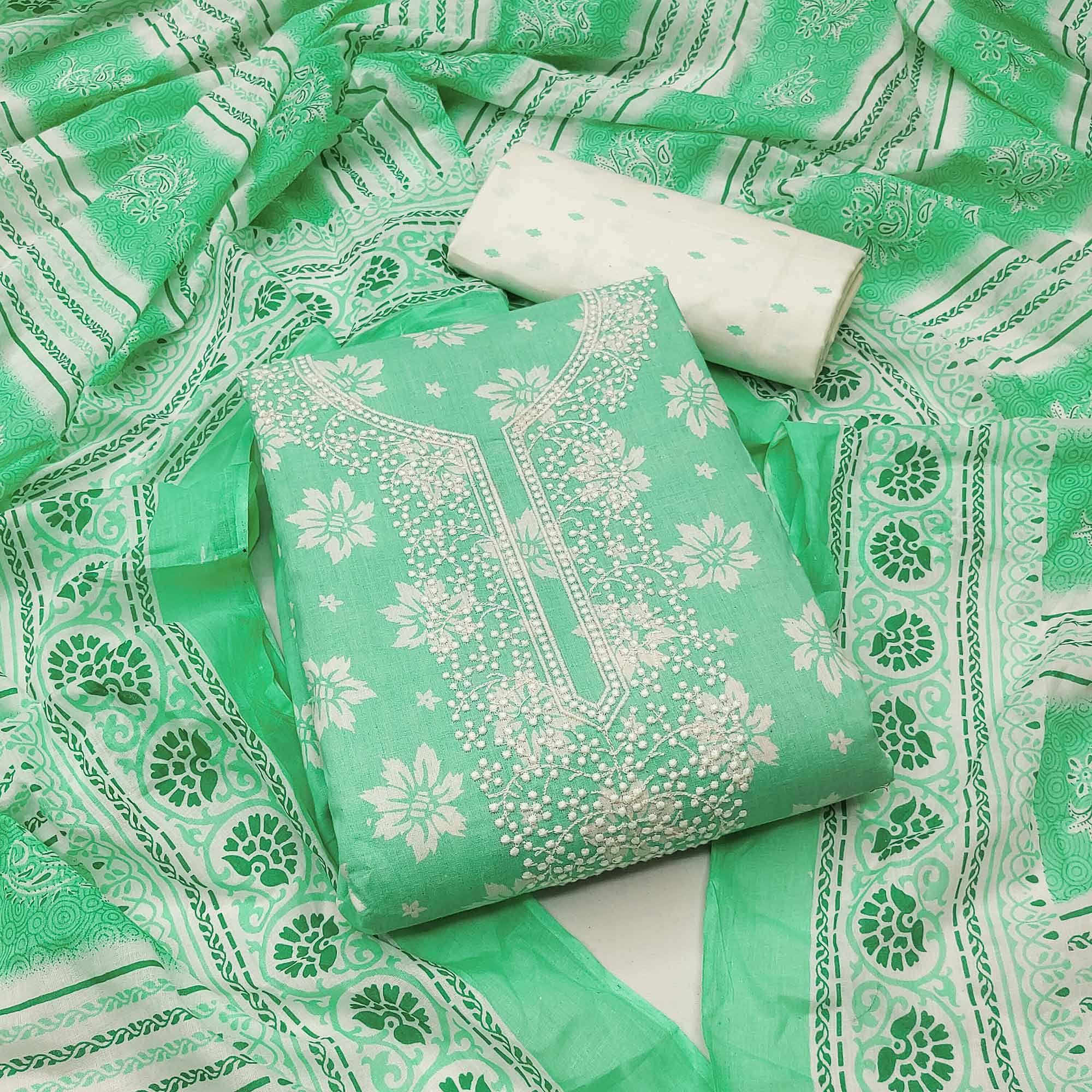 Green Festive Wear Printed With Embroidered Cotton Dress Material