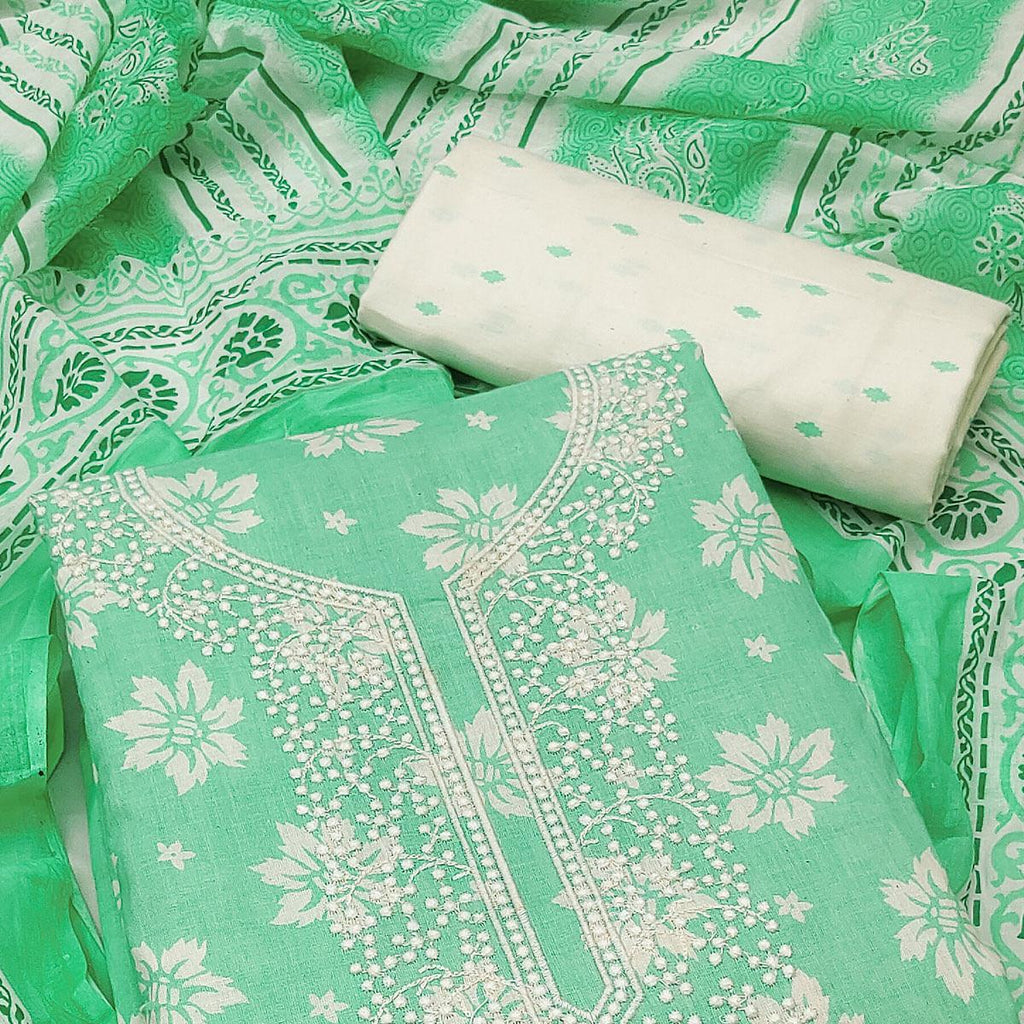 Green Festive Wear Printed With Embroidered Cotton Dress Material