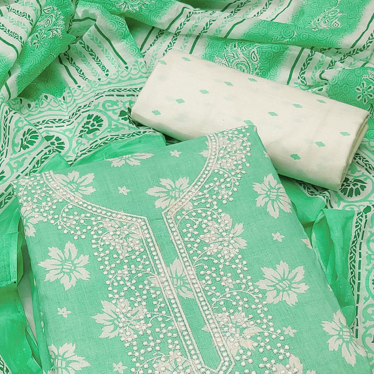 Green Festive Wear Printed With Embroidered Cotton Dress Material