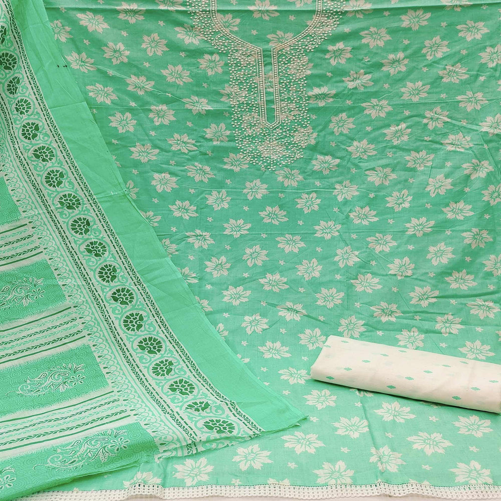 Green Festive Wear Printed With Embroidered Cotton Dress Material