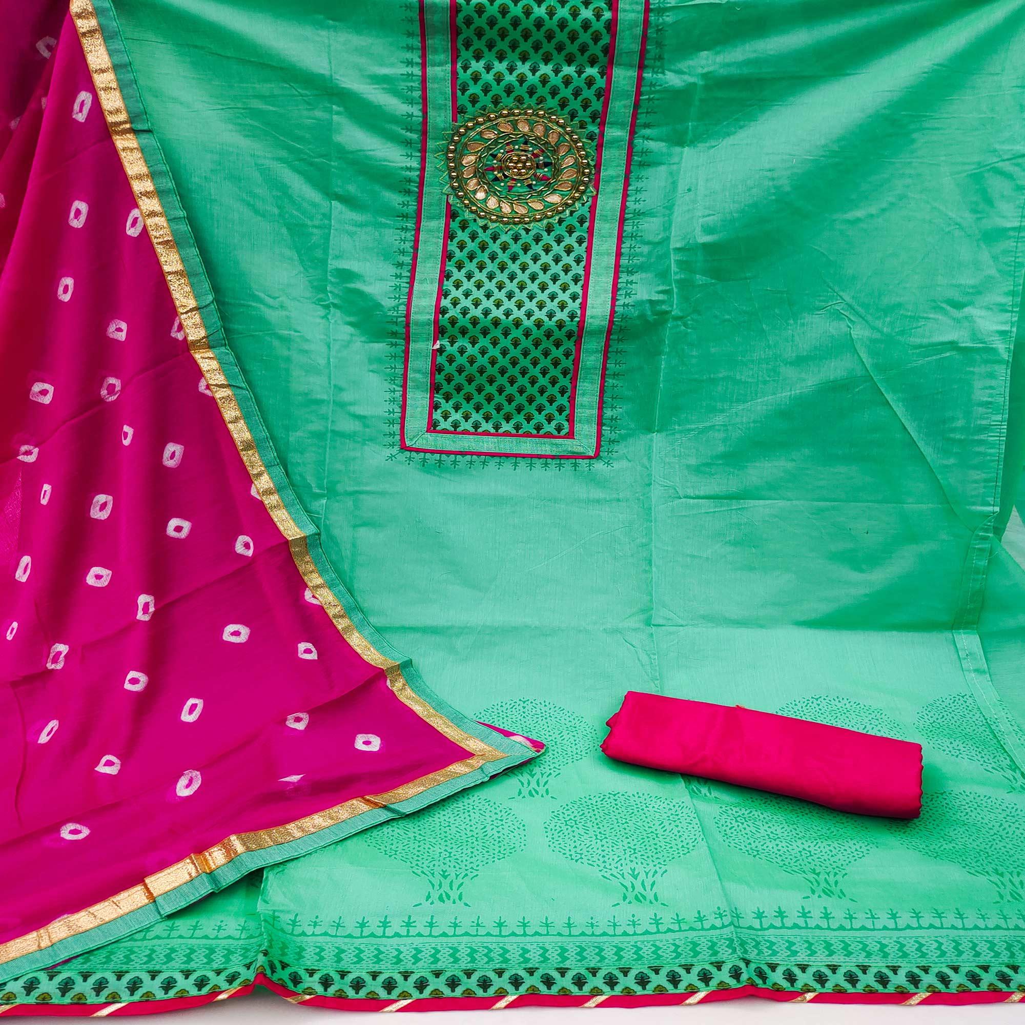 Green Festive Wear Printed With Handwork Modal Dress Material