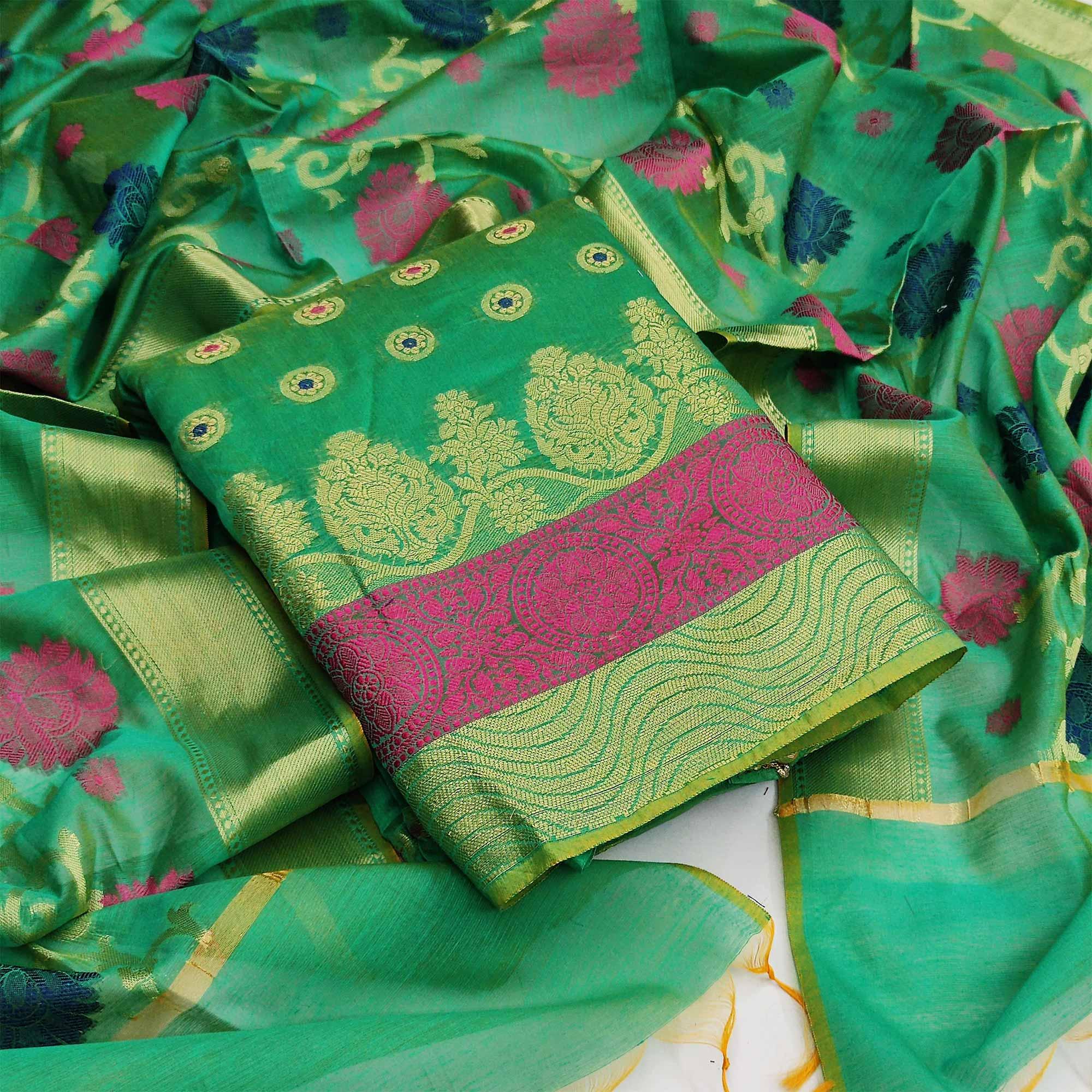 Green Festive Wear Woven Banarasi Silk Dress Material