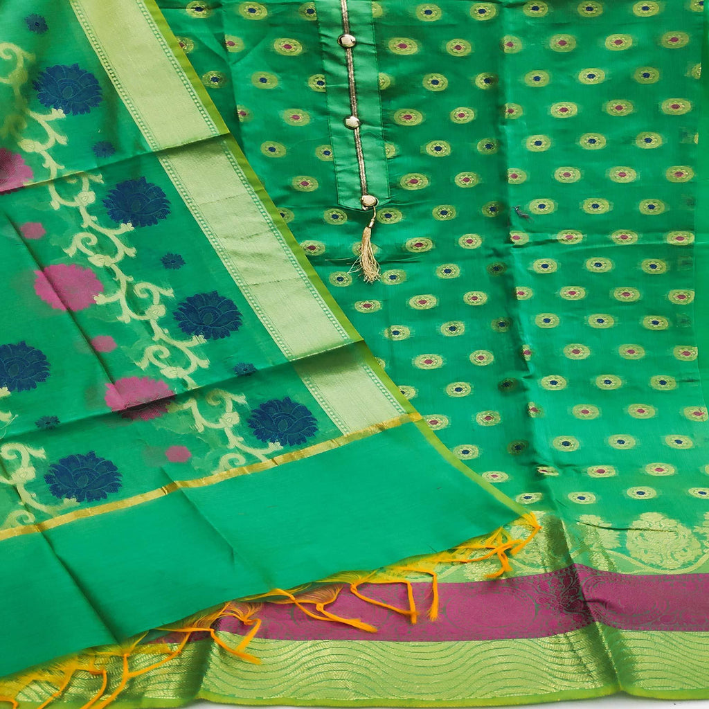 Green Festive Wear Woven Banarasi Silk Dress Material