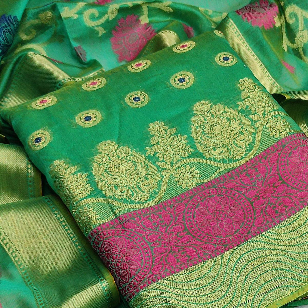 Green Festive Wear Woven Banarasi Silk Dress Material