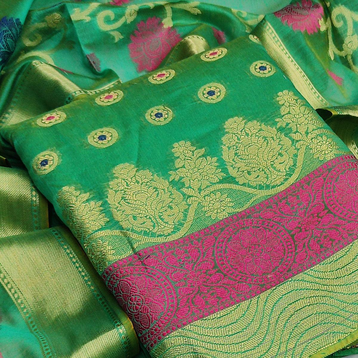 Green Festive Wear Woven Banarasi Silk Dress Material