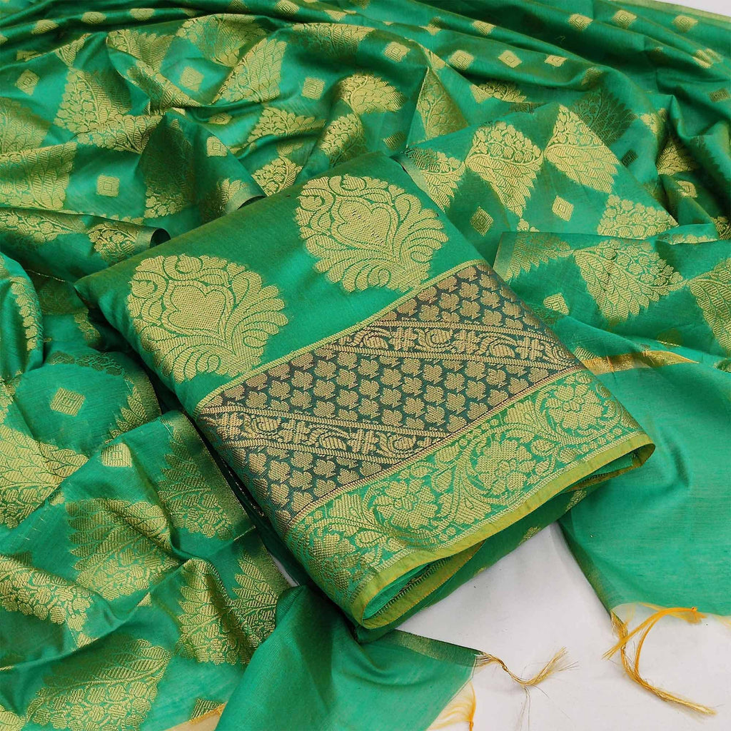 Green Festive Wear Woven Jacquard Banarasi Silk Dress Material