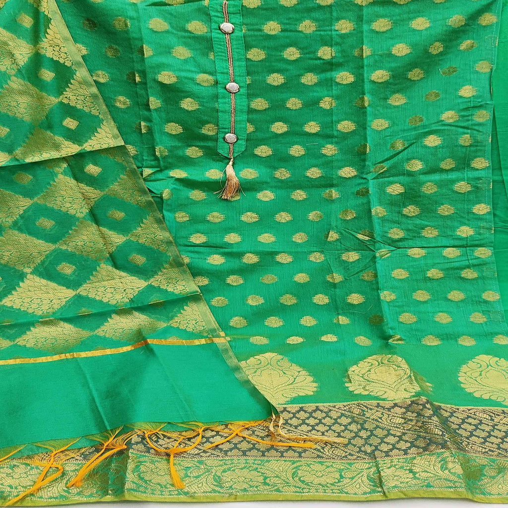 Green Festive Wear Woven Jacquard Banarasi Silk Dress Material