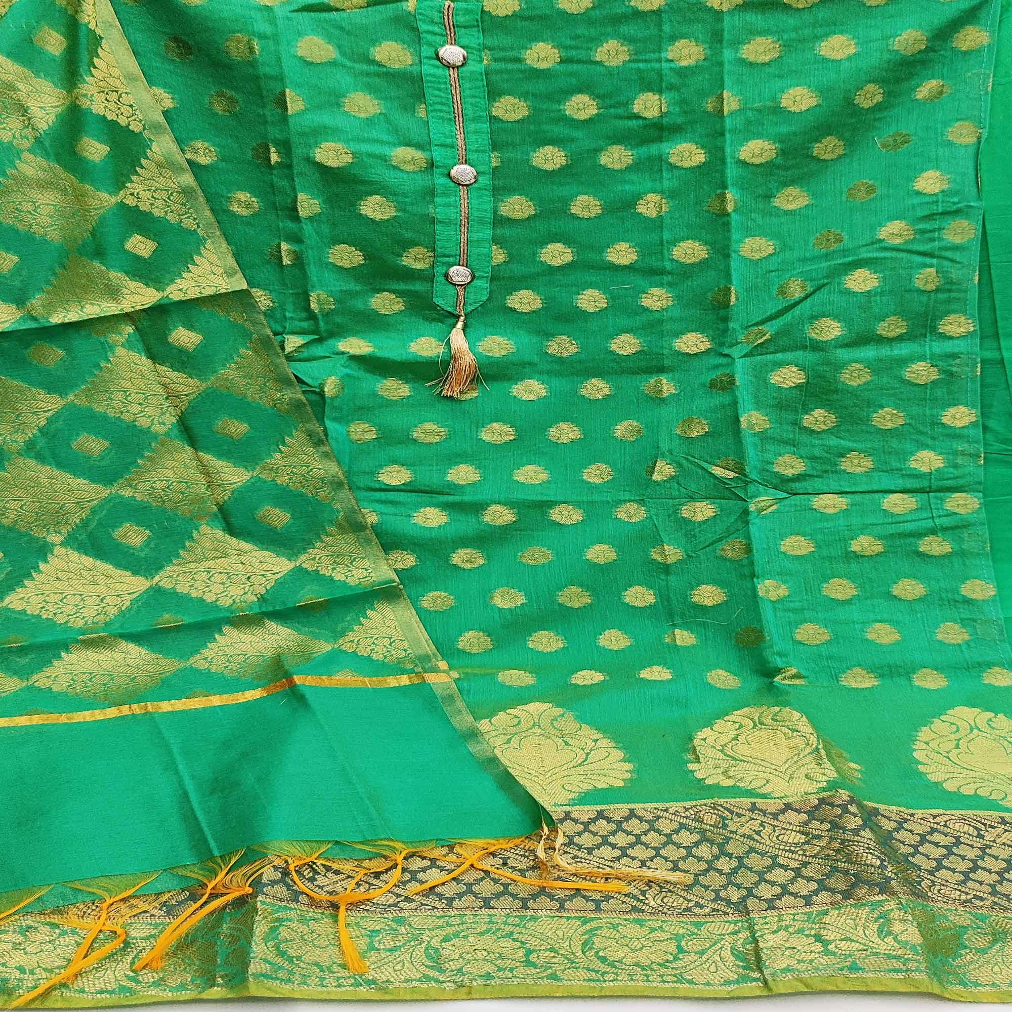 Green Festive Wear Woven Jacquard Banarasi Silk Dress Material