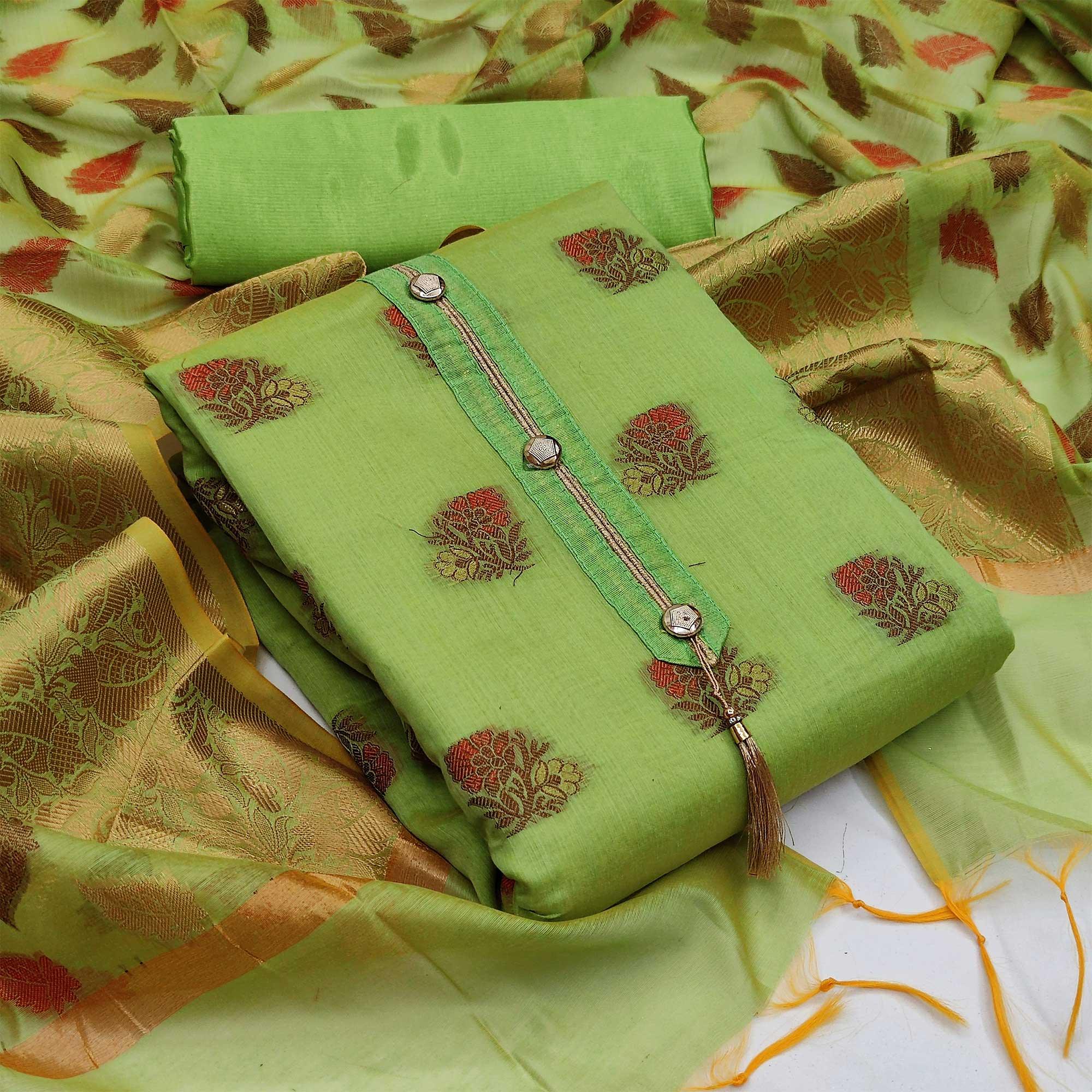 Green Festive Wear Woven Work Banarasi Jacquard Dress Material