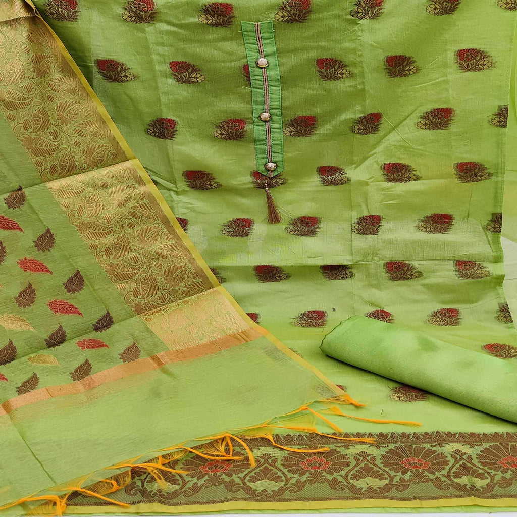 Green Festive Wear Woven Work Banarasi Jacquard Dress Material