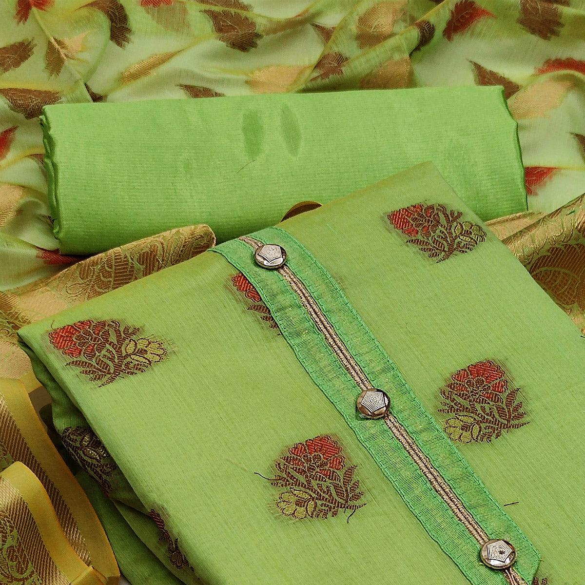 Green Festive Wear Woven Work Banarasi Jacquard Dress Material