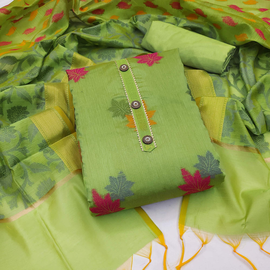 Green Floral Embroidered Banarasi Silk Dress Material