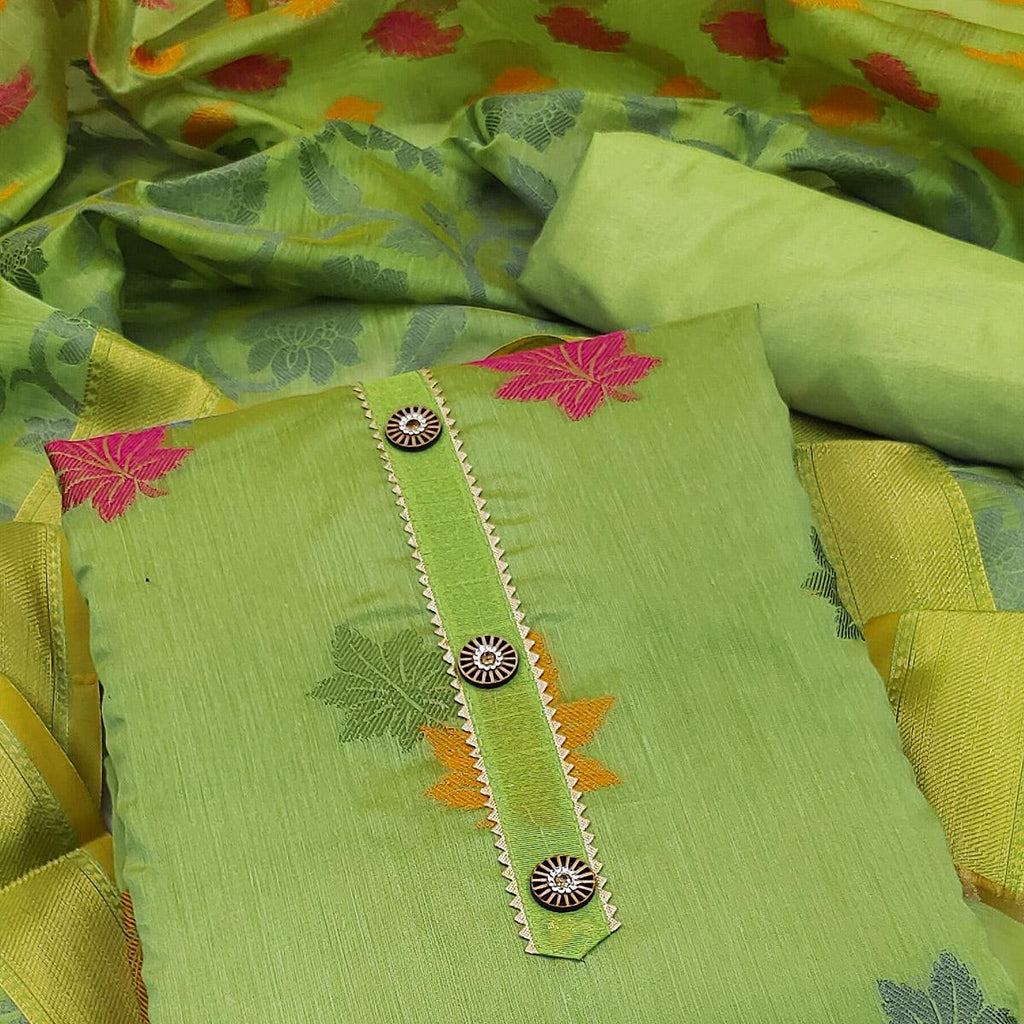 Green Floral Embroidered Banarasi Silk Dress Material