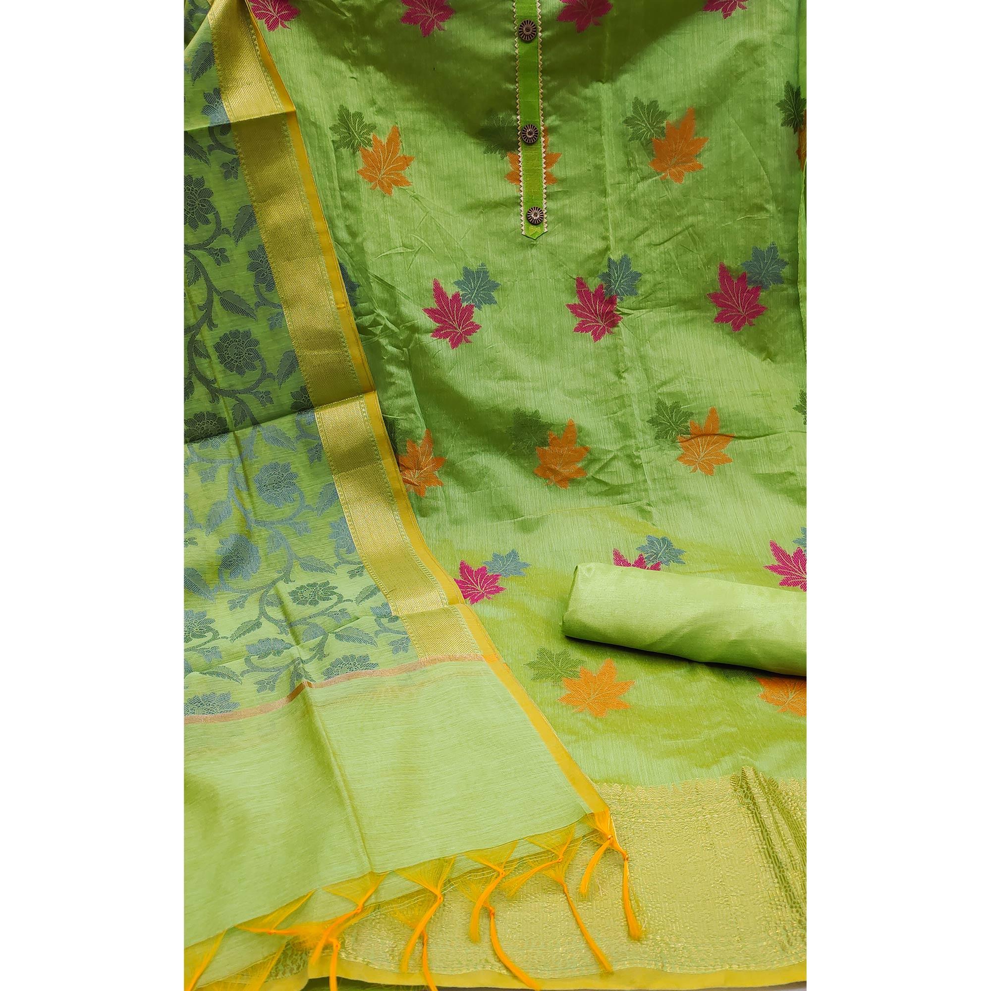 Green Floral Embroidered Banarasi Silk Dress Material