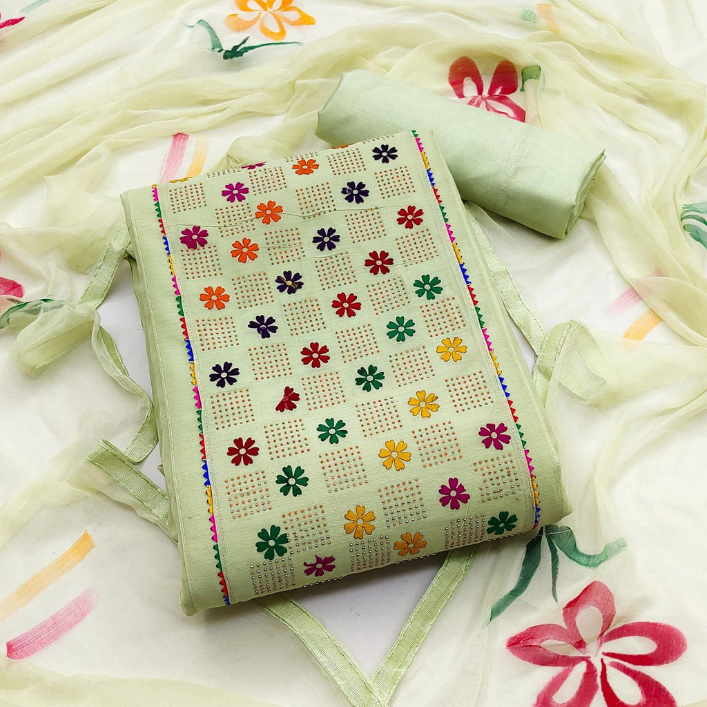 Green Floral Embroidered Chanderi Dress Material