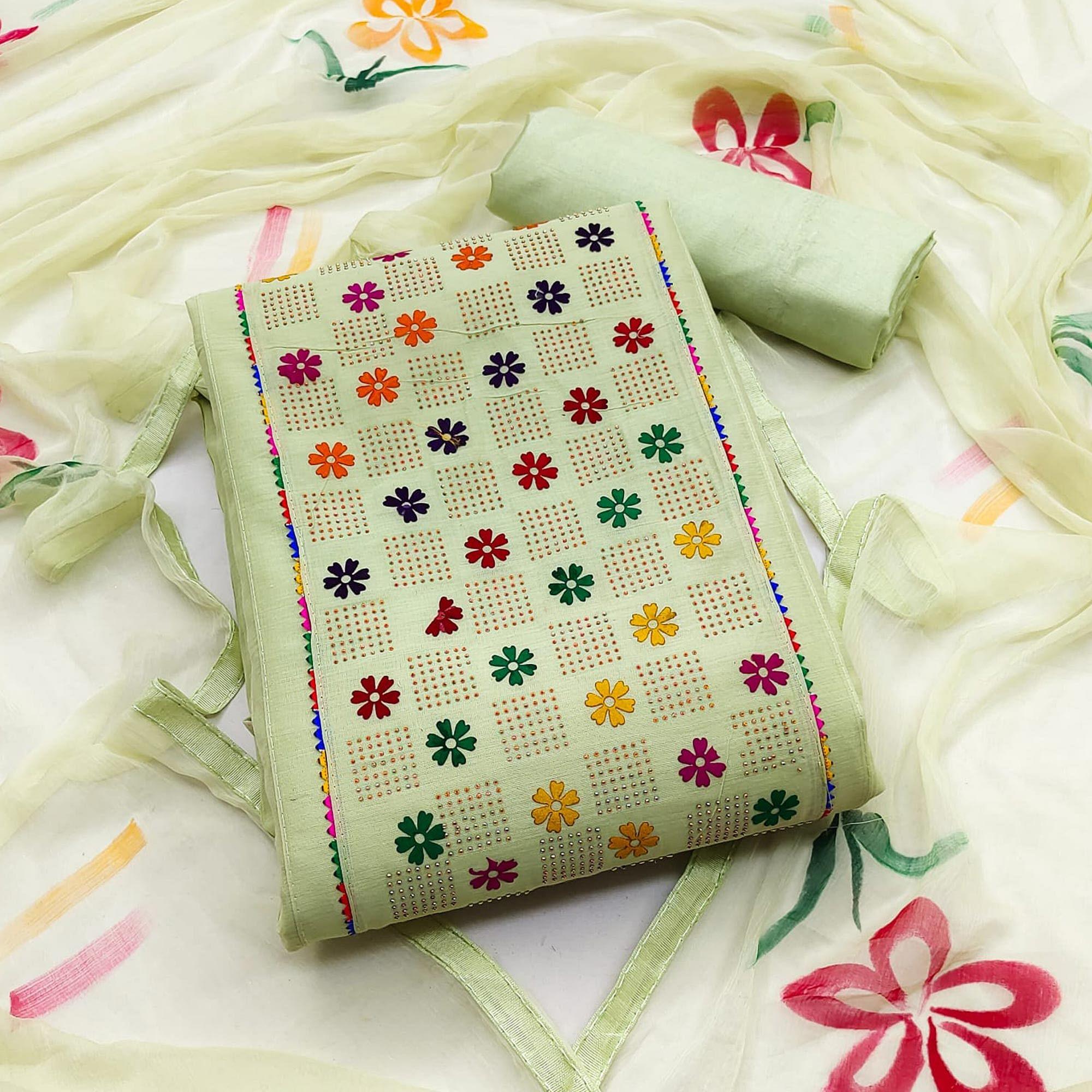 Green Floral Embroidered Chanderi Dress Material