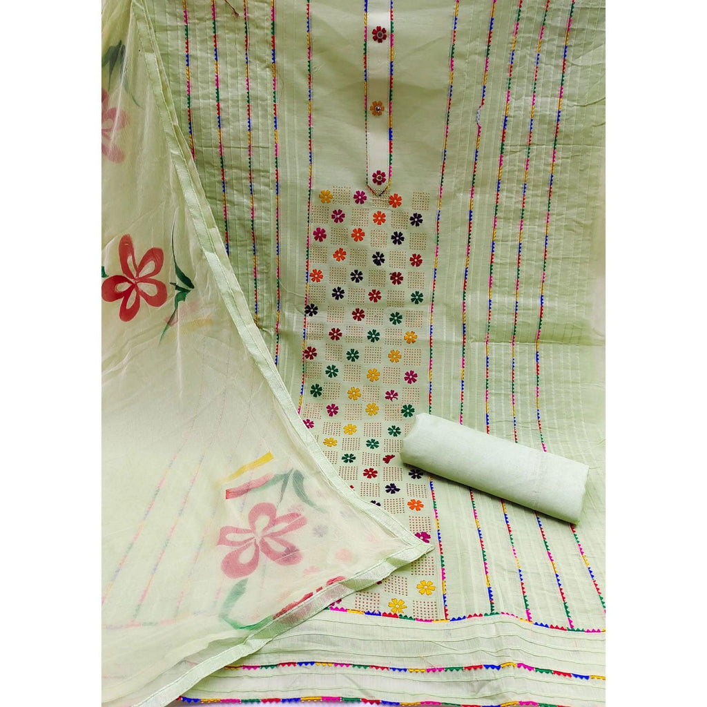 Green Floral Embroidered Chanderi Dress Material