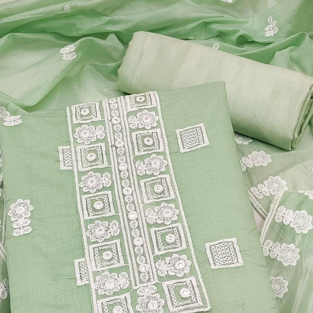 Green Floral Embroidered Chanderi Dress Material