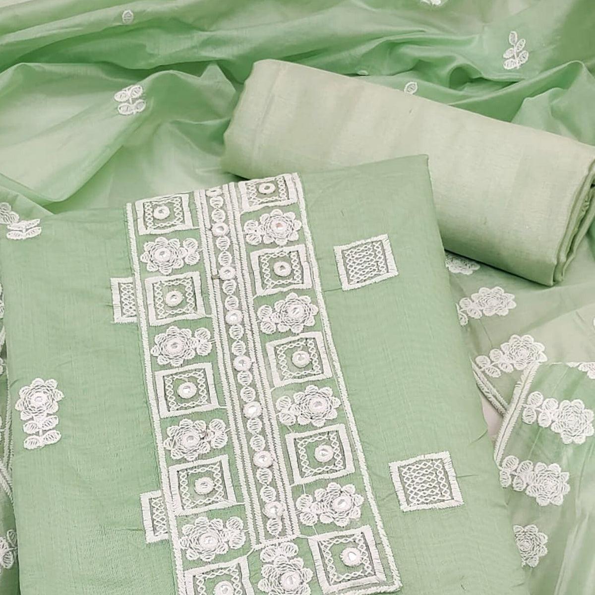 Green Floral Embroidered Chanderi Dress Material