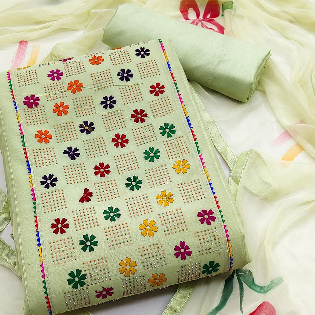 Green Floral Embroidered Chanderi Dress Material