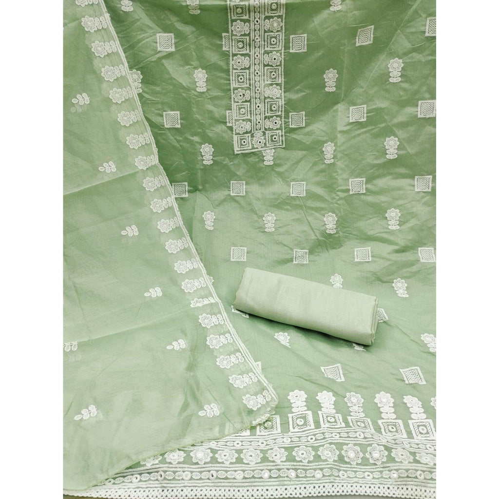 Green Floral Embroidered Chanderi Dress Material