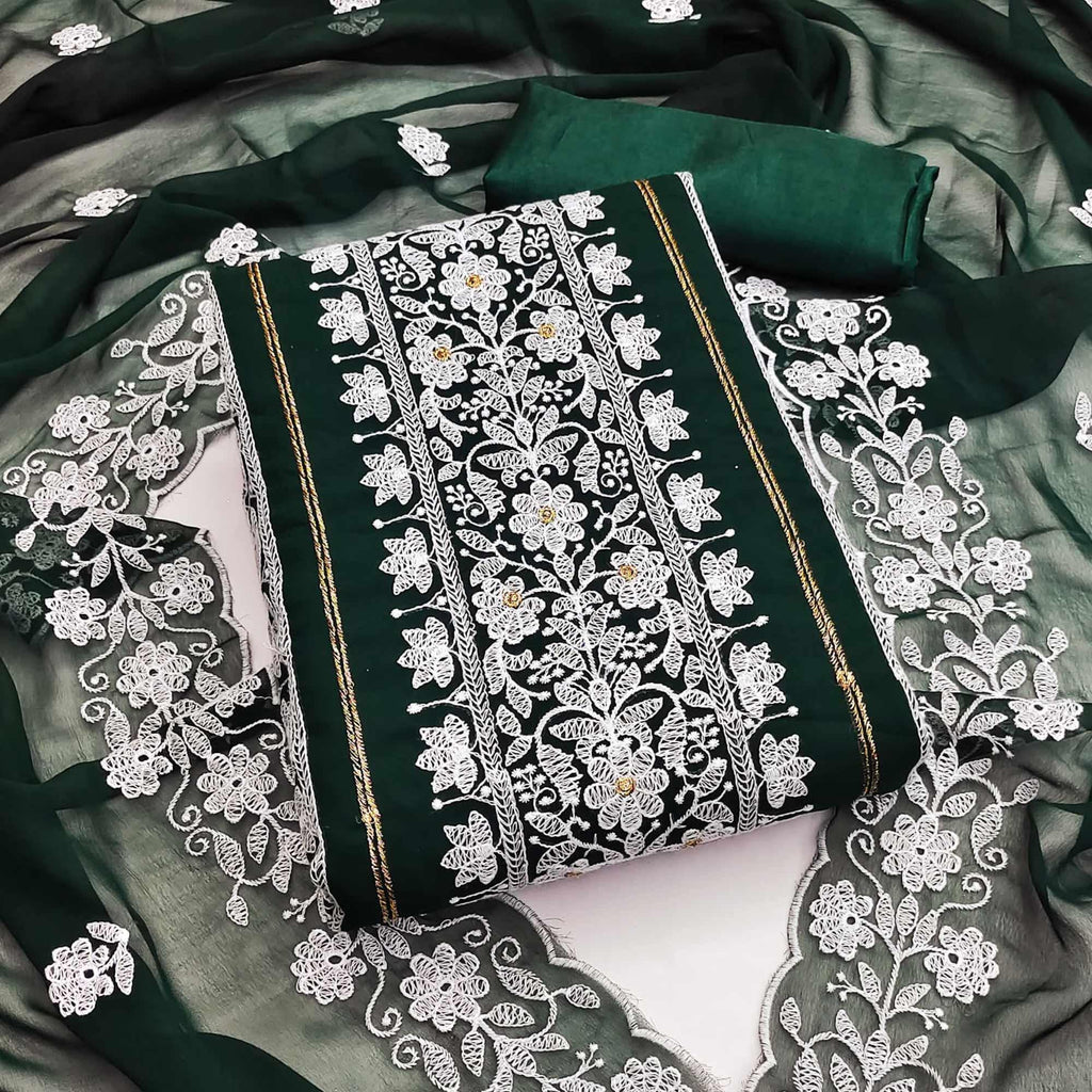 Green Floral Embroidered Georgette Dress Material