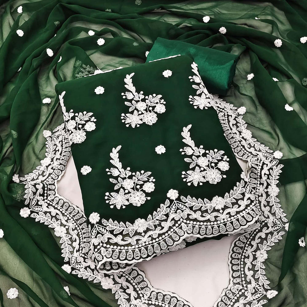 Green Floral Embroidered Georgette Dress Material