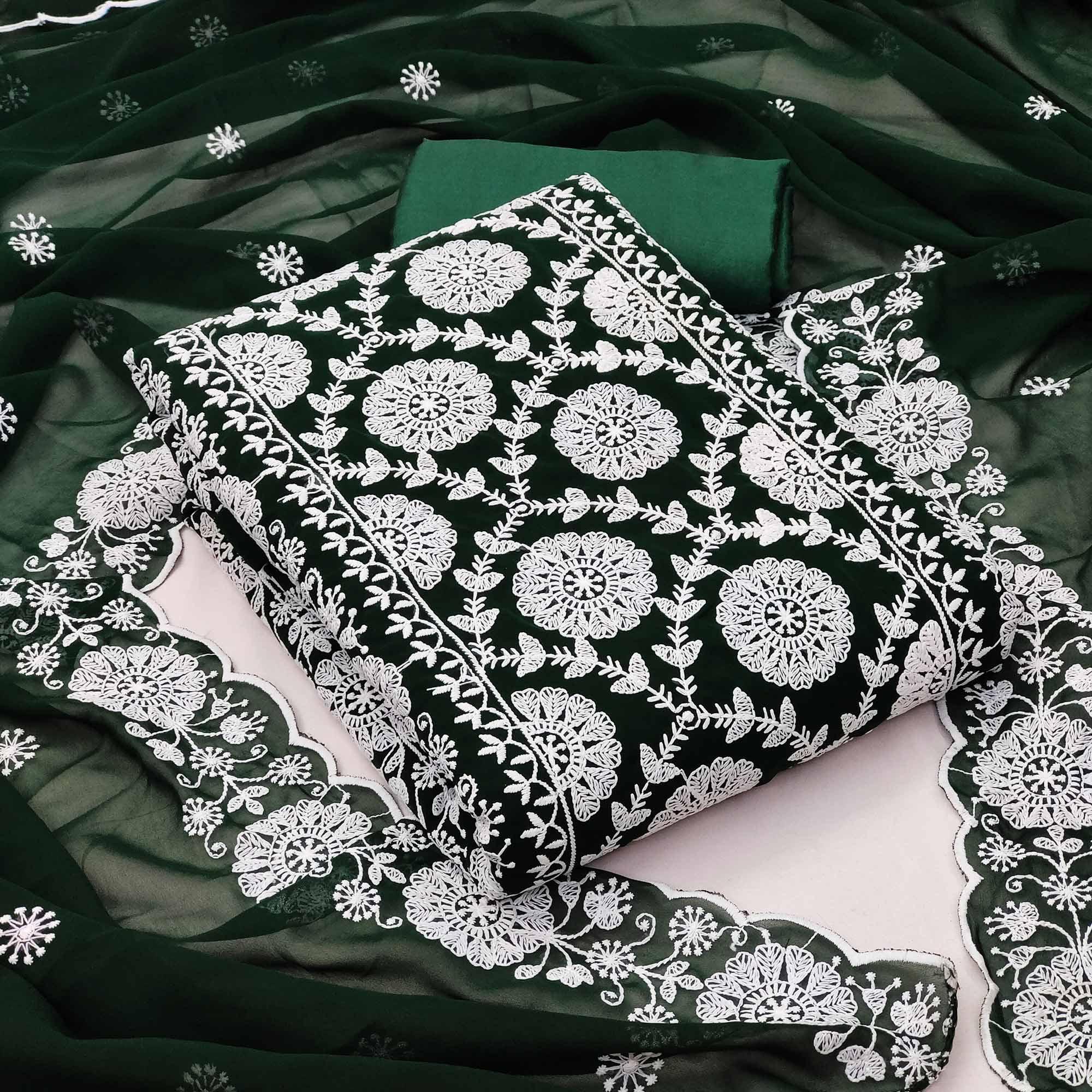 Green Floral Embroidered Georgette Dress Material