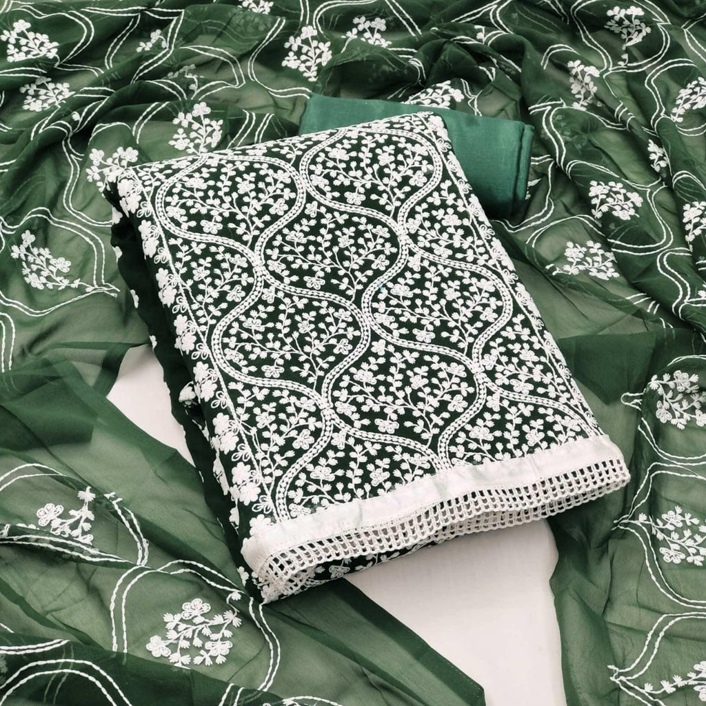 Green Floral Embroidered Georgette Dress Material