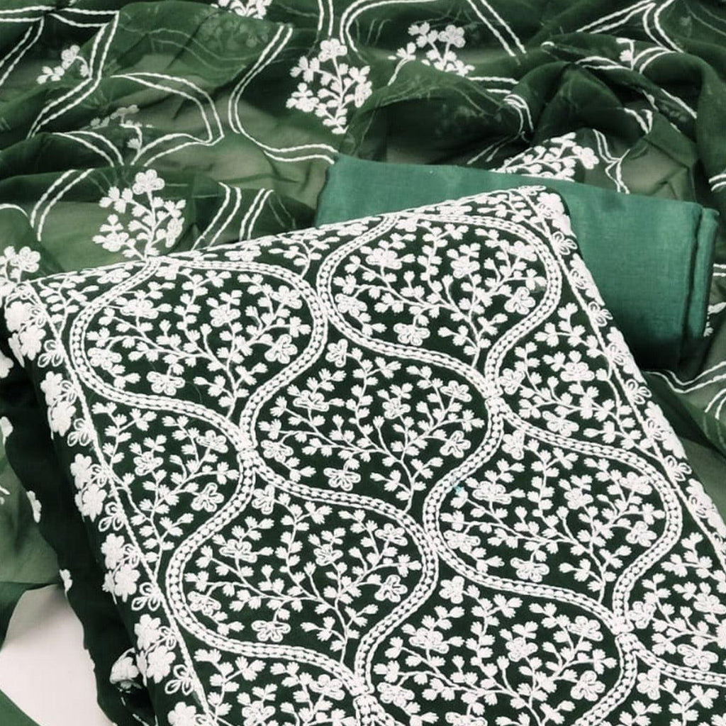 Green Floral Embroidered Georgette Dress Material
