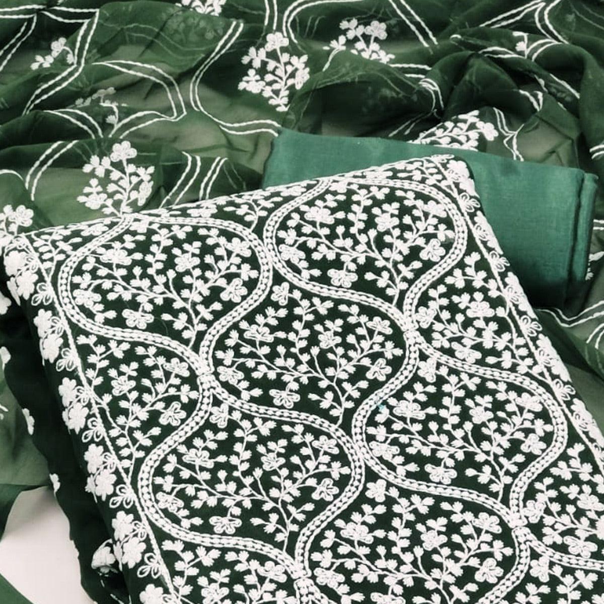 Green Floral Embroidered Georgette Dress Material