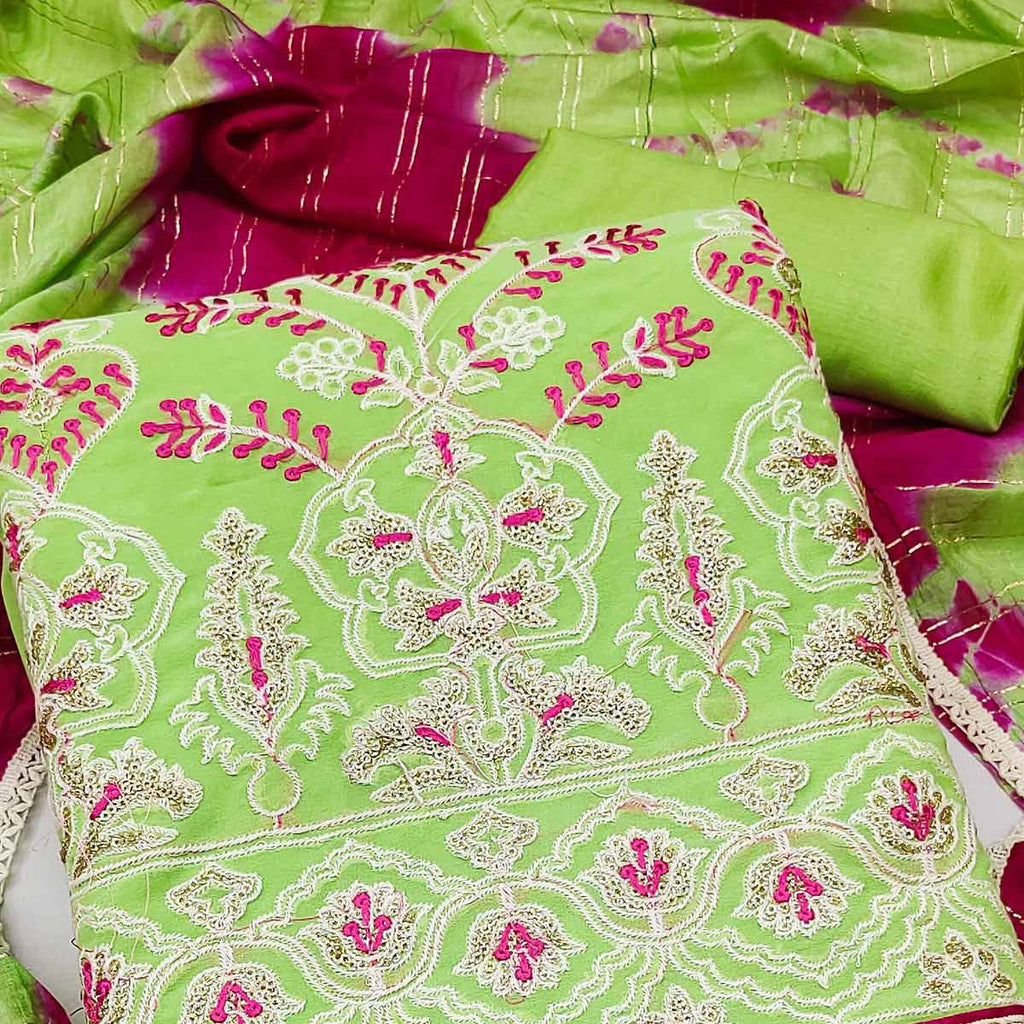 Green Floral Embroidered Georgette Dress Material