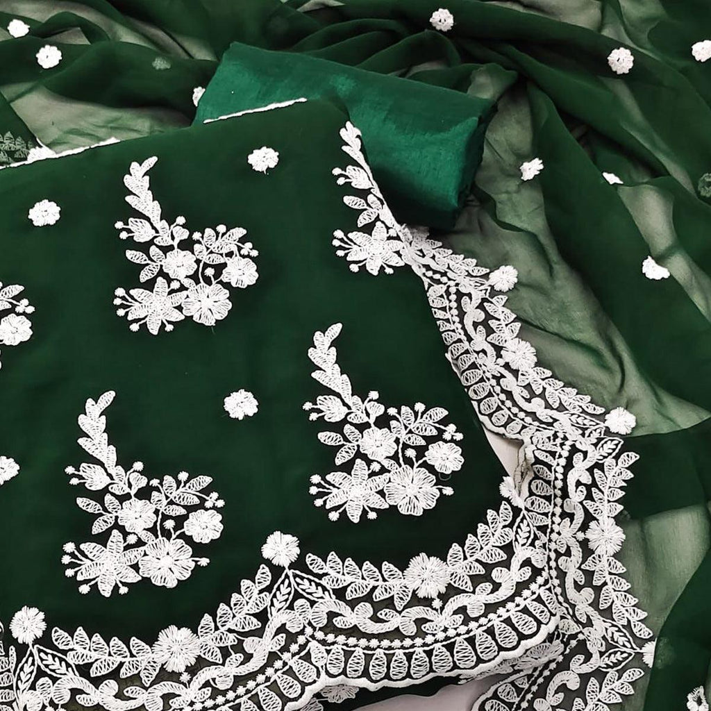 Green Floral Embroidered Georgette Dress Material