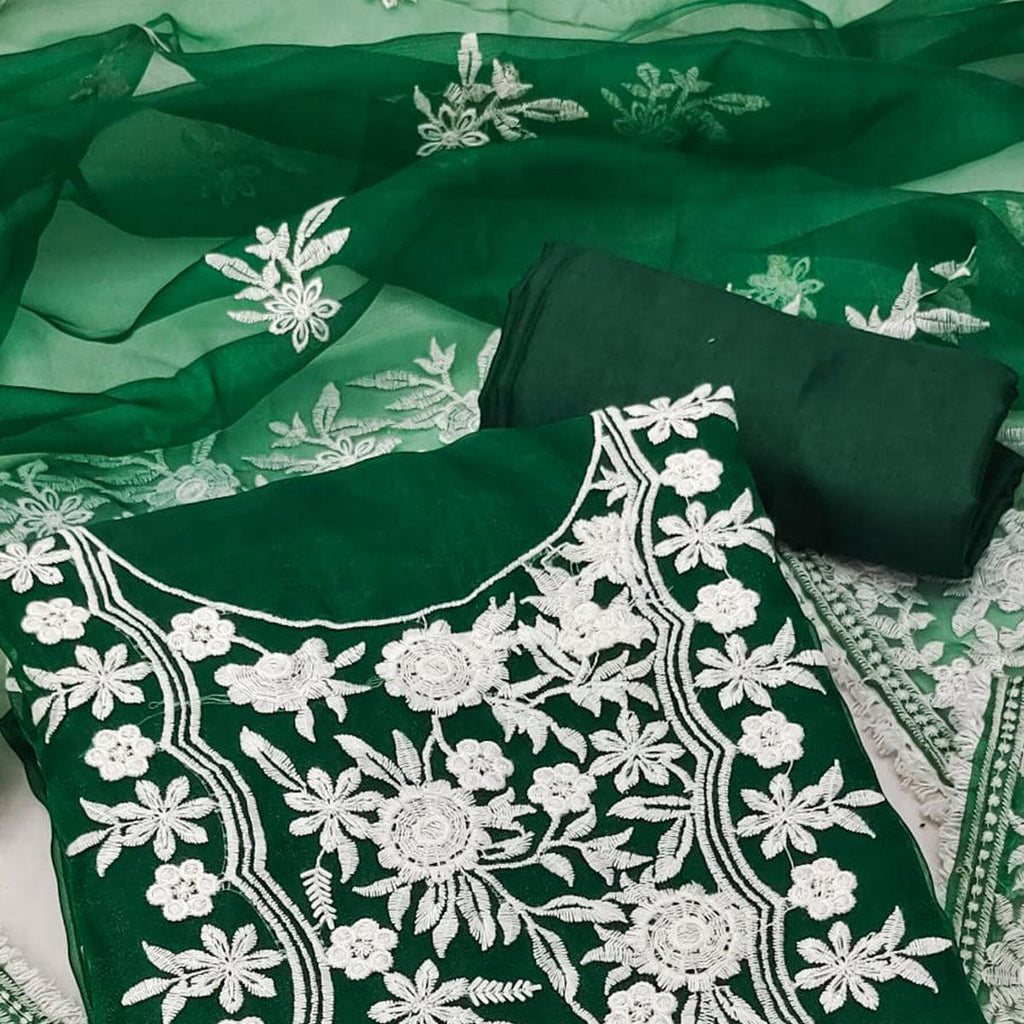 Green Floral Embroidered Organza Dress Material