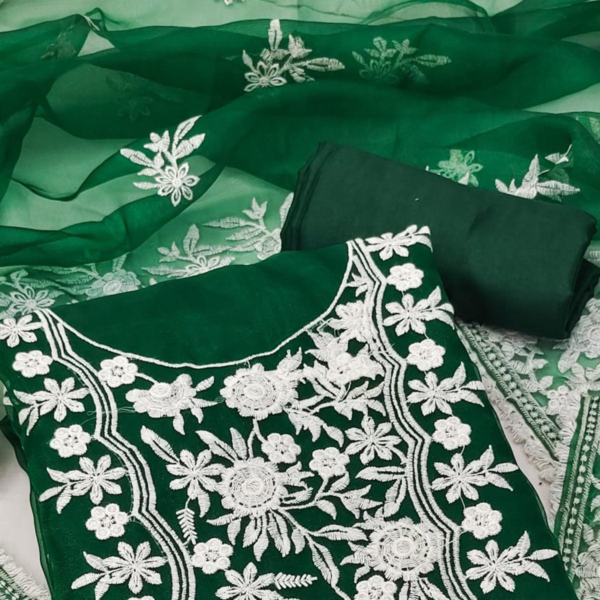 Green Floral Embroidered Organza Dress Material