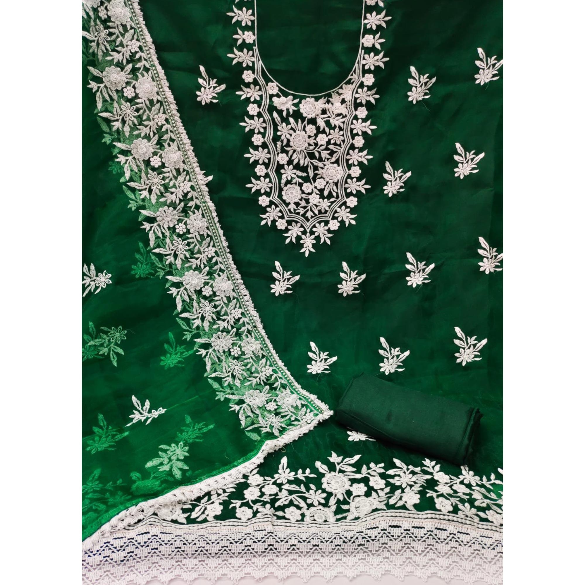 Green Floral Embroidered Organza Dress Material