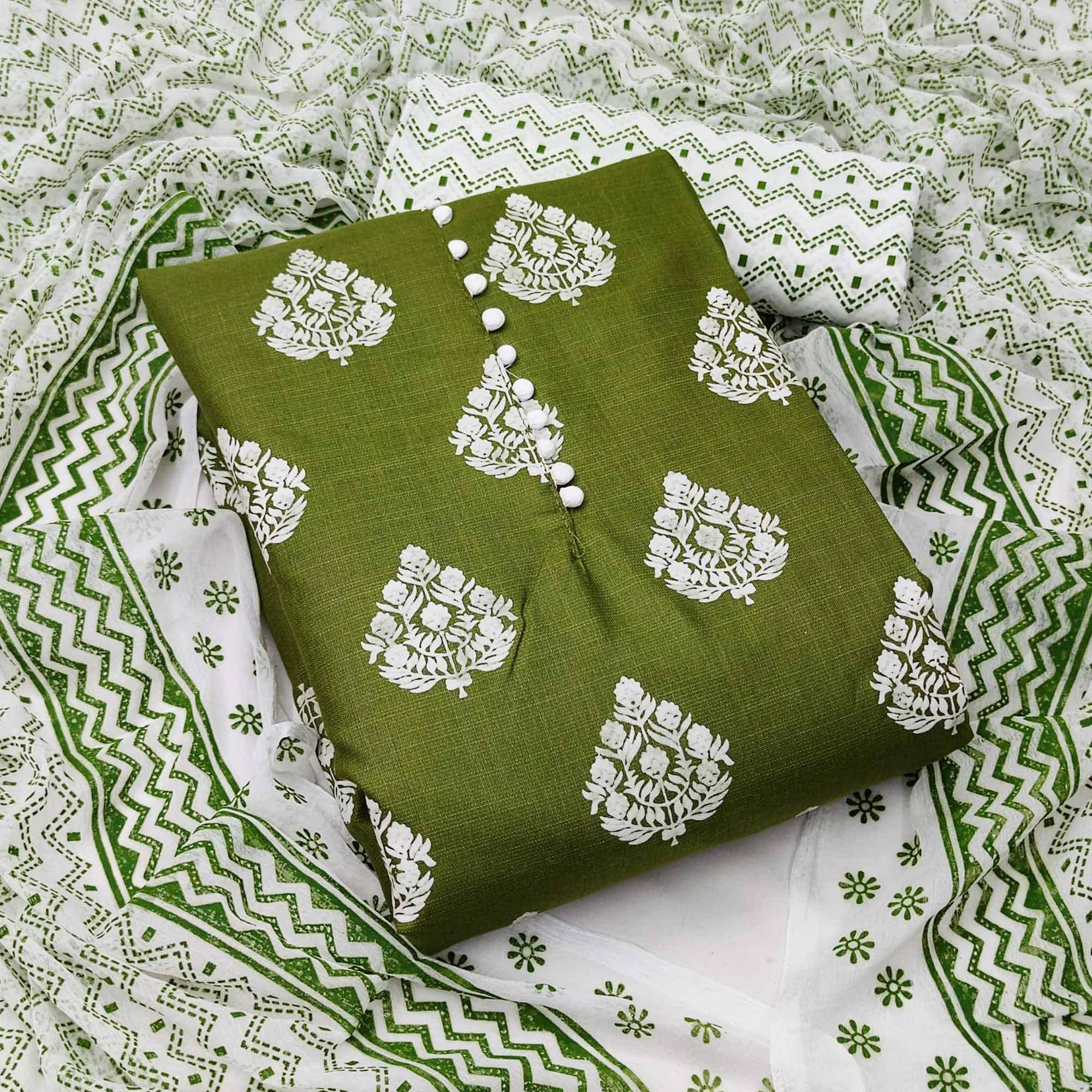 Green Printed Cotton Dress Material