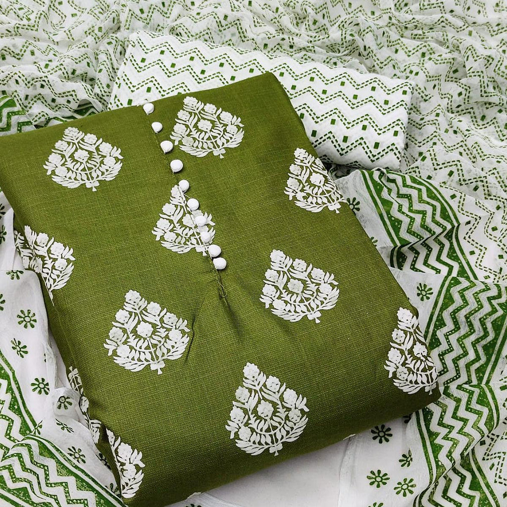 Green Printed Cotton Dress Material