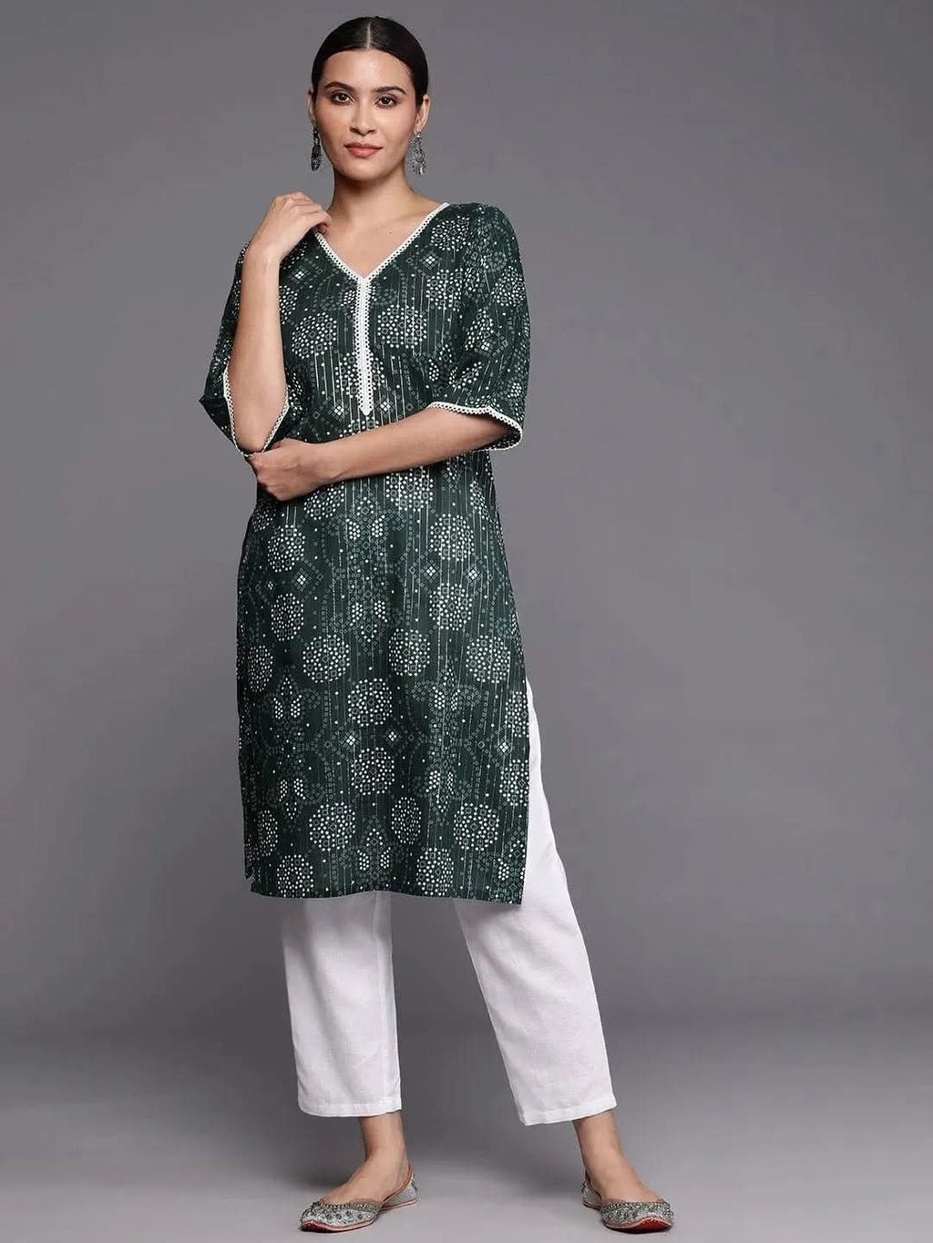 Green Printed Cotton Straight Kurta - Libas