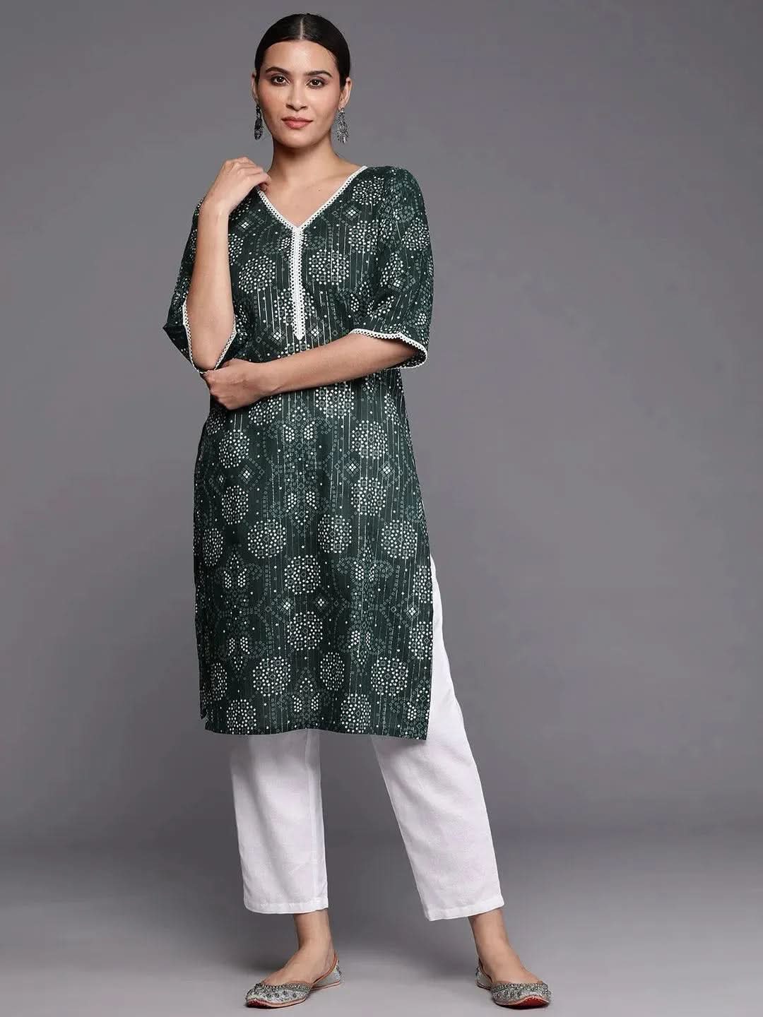 Green Printed Cotton Straight Kurta - Libas