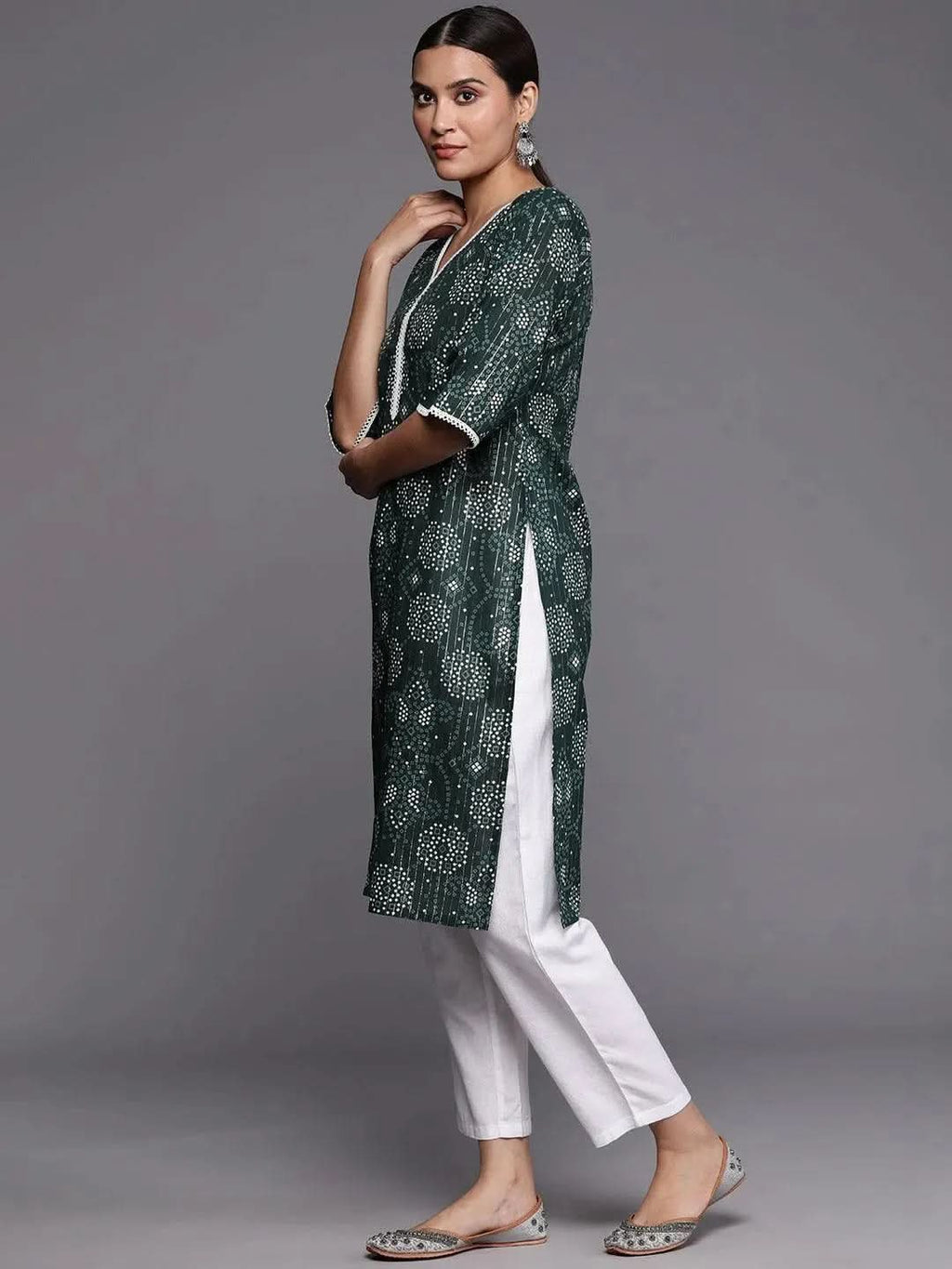 Green Printed Cotton Straight Kurta - Libas